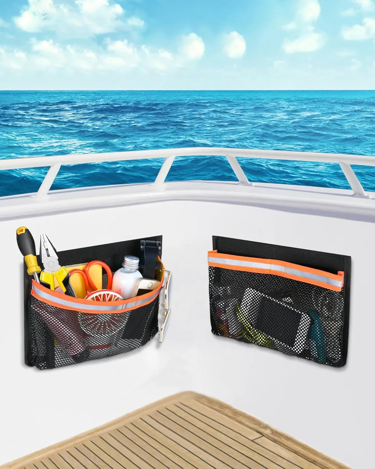 Boat Storage Accessories, PVC Reflective Self-Adhesive Universal Boat Caddy Organizer Mesh Bag for Gloves, Tools, Tackle, Gear