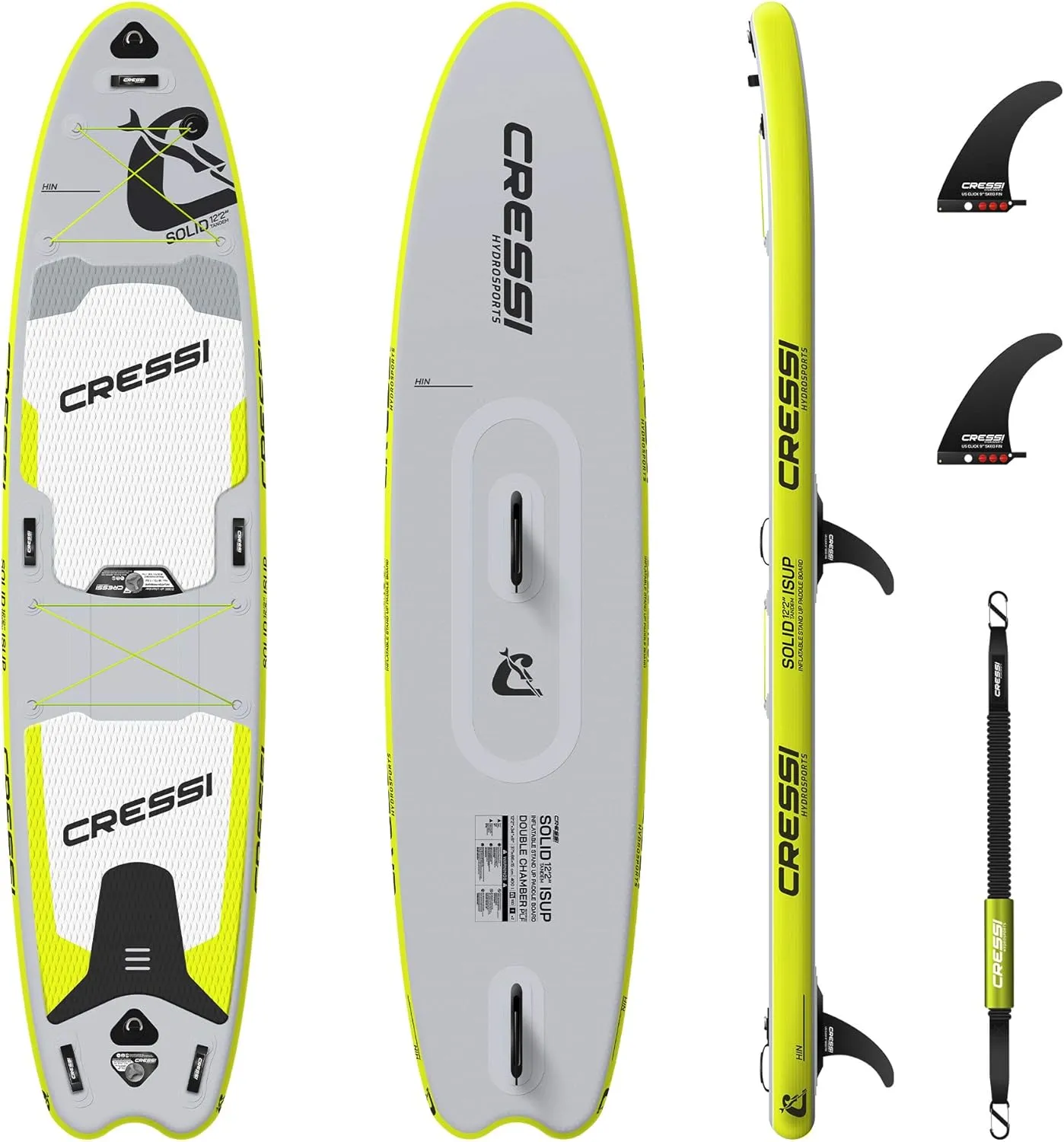 Cressi Isup Complet Set - Solid Tandem Dc Isup Set, Easy-to-inflate SUP Board Kit (Less Than 10 Minutes) Complete with All Necessary Accessories for Use and Transport, Grey/Fluo, 12'2'', Unisex Adult