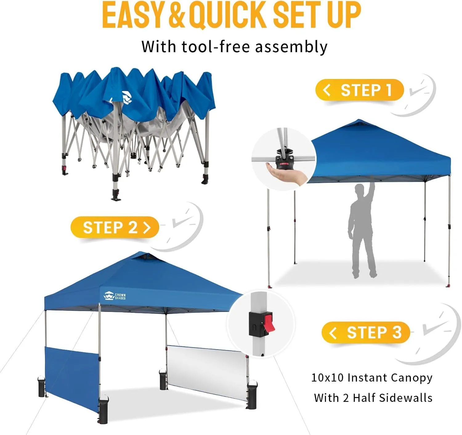 CROWN SHADES Canopy Tent, 10 x 10 Foot Portable Pop Up Outdoor Shelter with 2 Half Sidewalls, 1 Push Center Lock, UV Protection, and Carry Bag, Blue