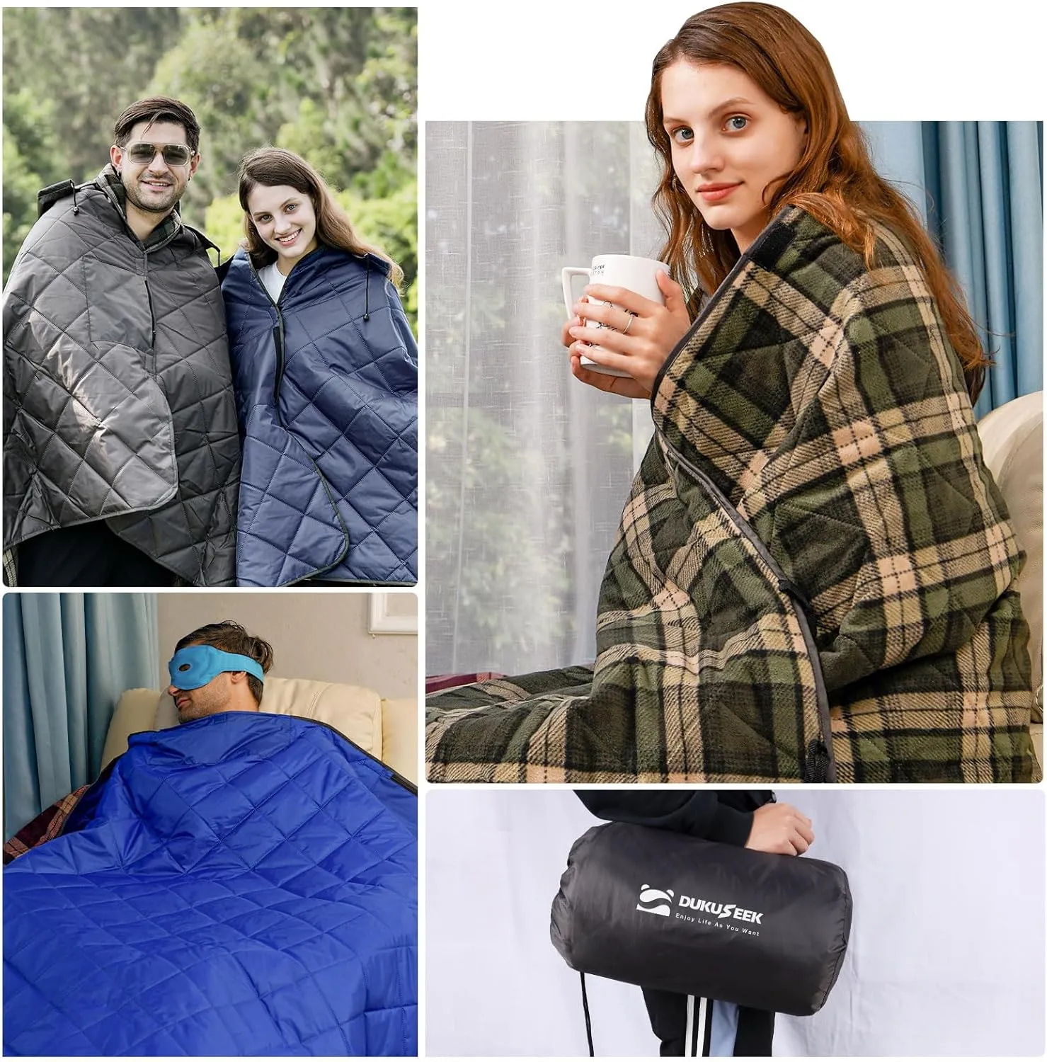DUKUSEEK Hooded Outdoor Blanket, Waterproof Camping Blanket, Quilted, Thick Fleece, Warm, Windproof, Sand Proof, Portable and Wear-Resistant, Perfect for Stadium, Picnic, Camping