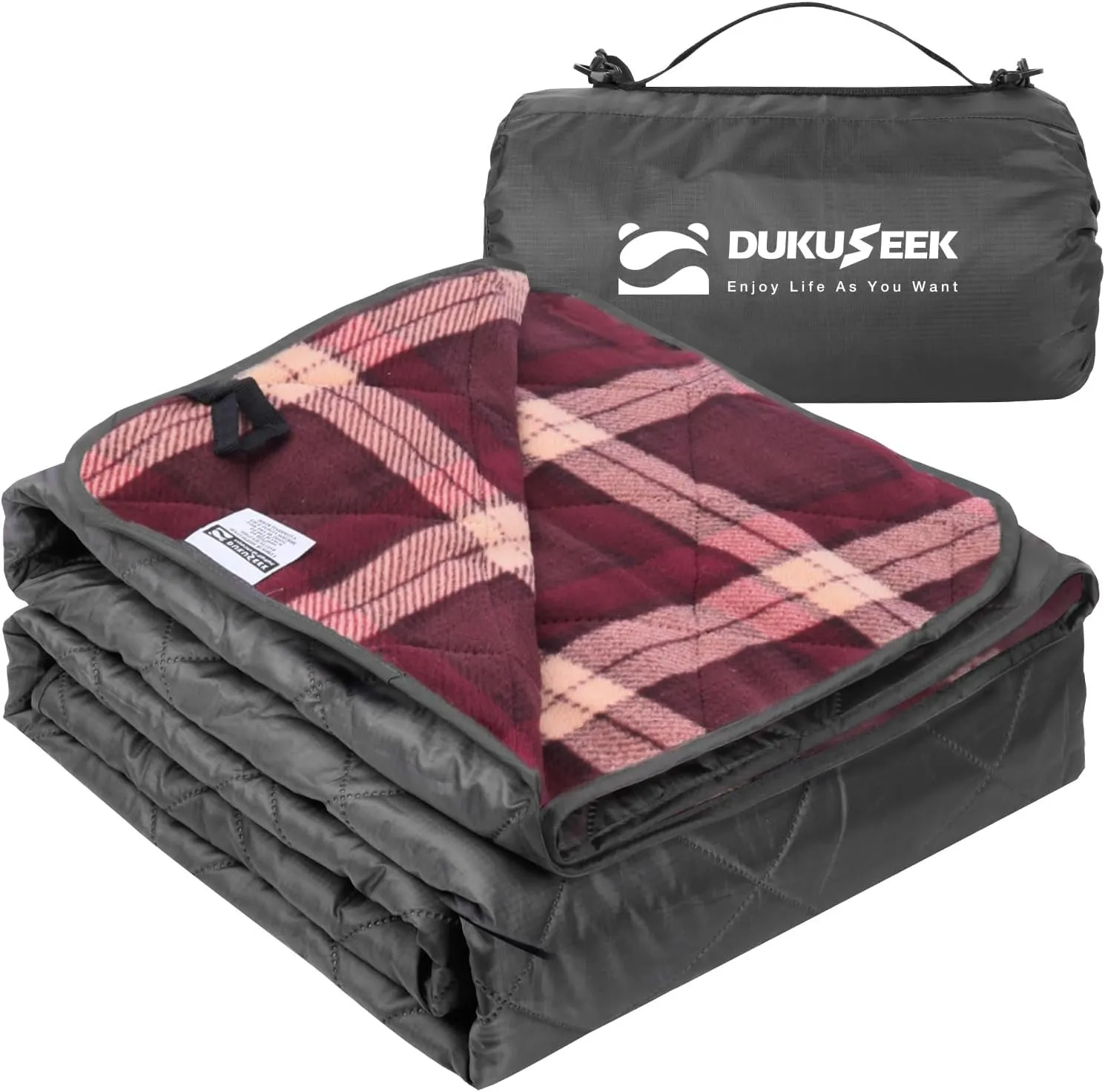 DUKUSEEK Large Camping Blanket - Waterproof, Quilted, Extra Thick Fleece, Warm, Windproof, Wearable, Includes Foldable Hood and Stuff Sack for Car, Outdoor Sports, Picnics, Stadiums, Dogs