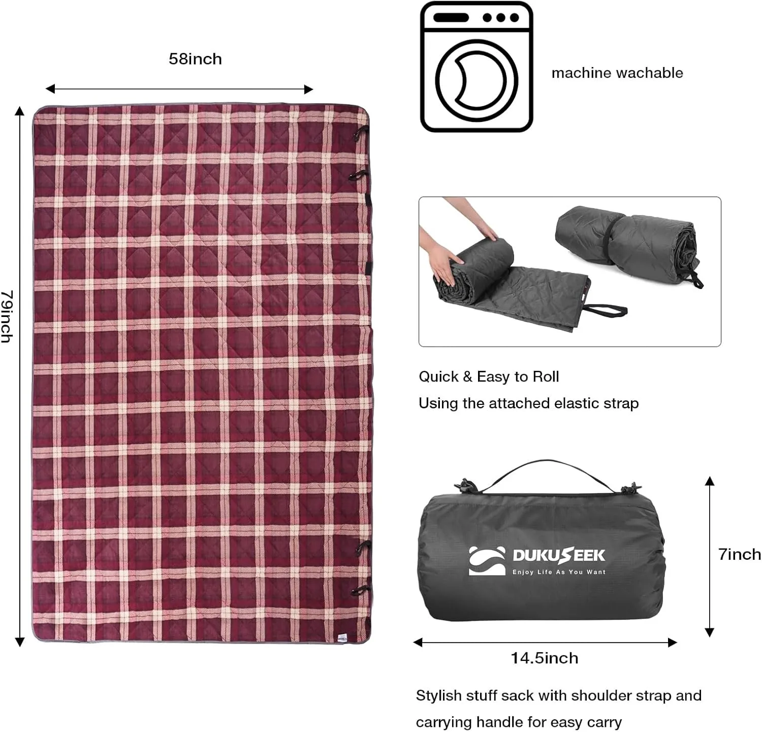 DUKUSEEK Large Camping Blanket - Waterproof, Quilted, Extra Thick Fleece, Warm, Windproof, Wearable, Includes Foldable Hood and Stuff Sack for Car, Outdoor Sports, Picnics, Stadiums, Dogs