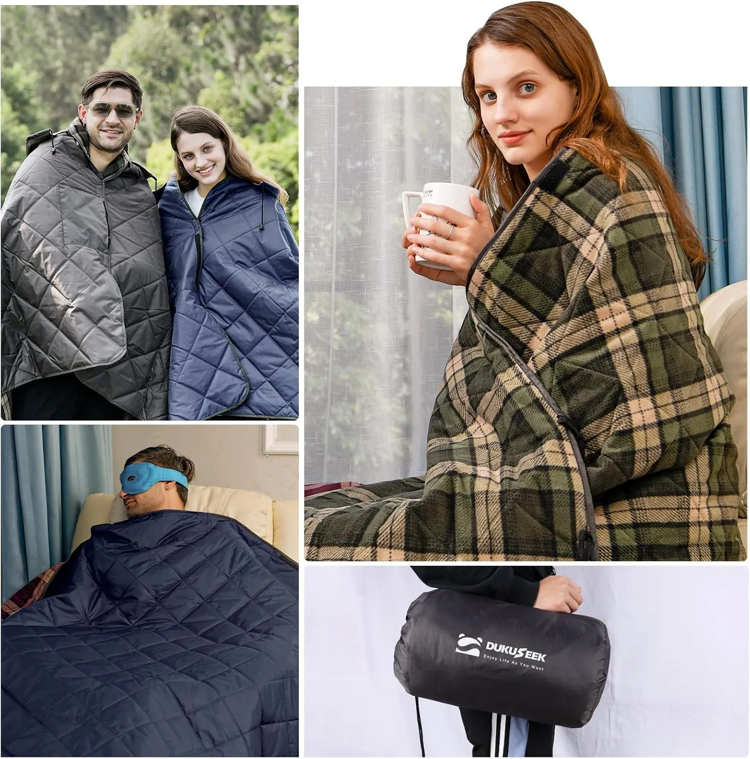 DUKUSEEK Large Camping Blanket - Waterproof, Quilted, Extra Thick Fleece, Warm, Windproof, Wearable, Includes Foldable Hood and Stuff Sack for Car, Outdoor Sports, Picnics, Stadiums, Dogs