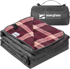 DUKUSEEK Large Camping Blanket - Waterproof, Quilted, Extra Thick Fleece, Warm, Windproof, Wearable, Includes Foldable Hood and Stuff Sack for Car, Outdoor Sports, Picnics, Stadiums, Dogs