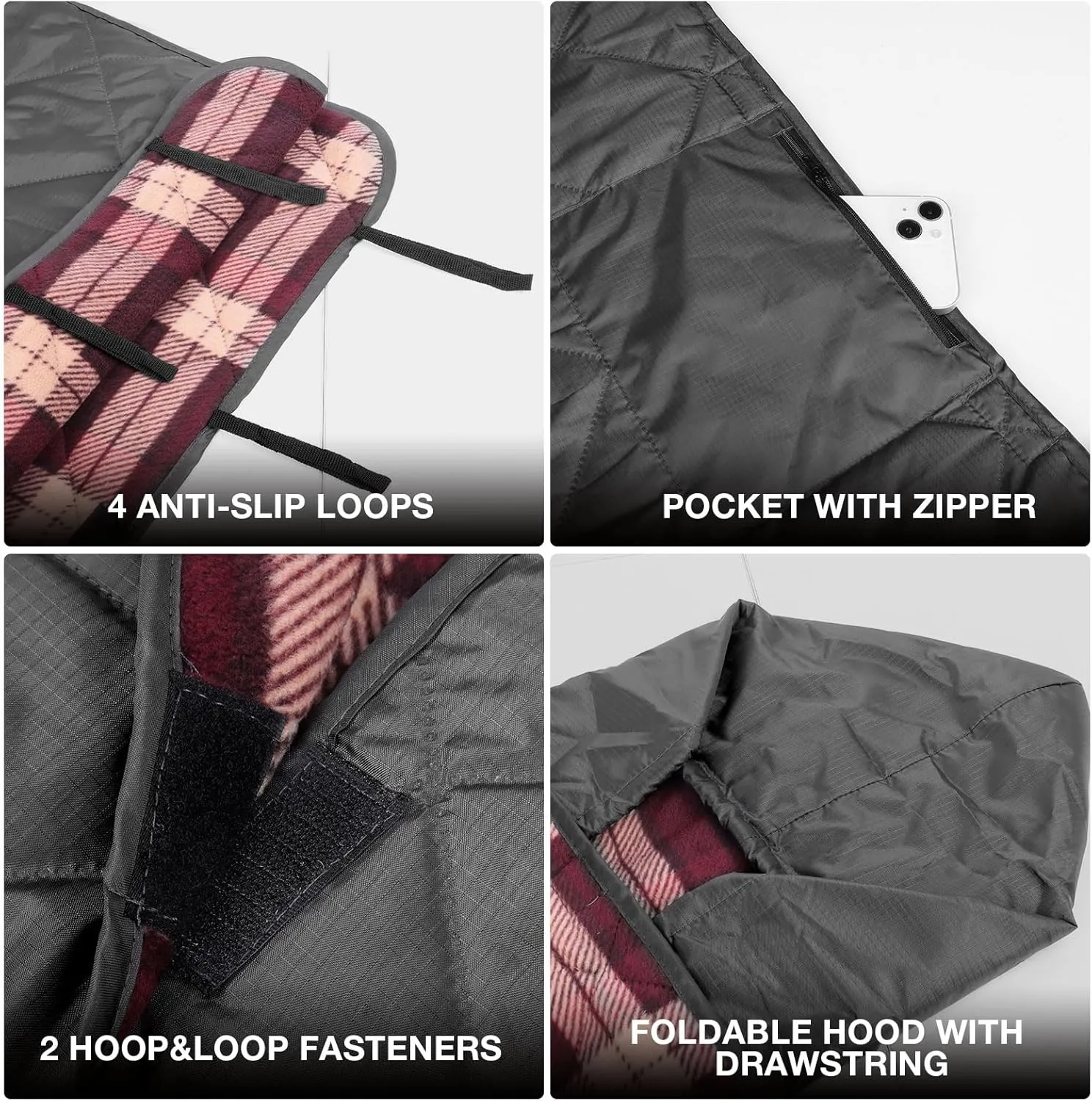 DUKUSEEK Large Camping Blanket - Waterproof, Quilted, Extra Thick Fleece, Warm, Windproof, Wearable, Includes Foldable Hood and Stuff Sack for Car, Outdoor Sports, Picnics, Stadiums, Dogs