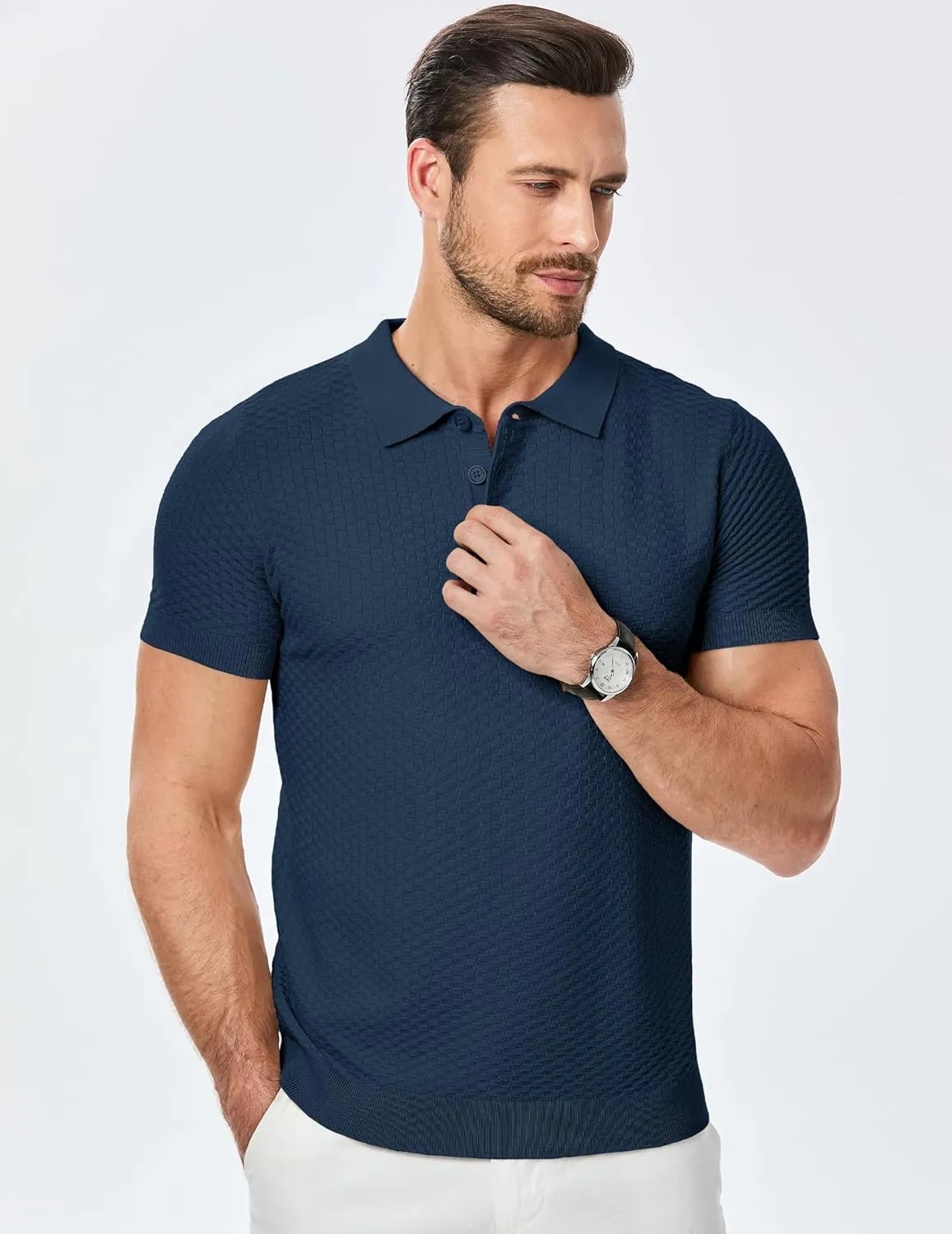 JMIERR Mens Knit Polo Shirts Classic Button Basic Textured T Shirts Casual Slim Fit Short Sleeve Summer Golf Tee Shirt