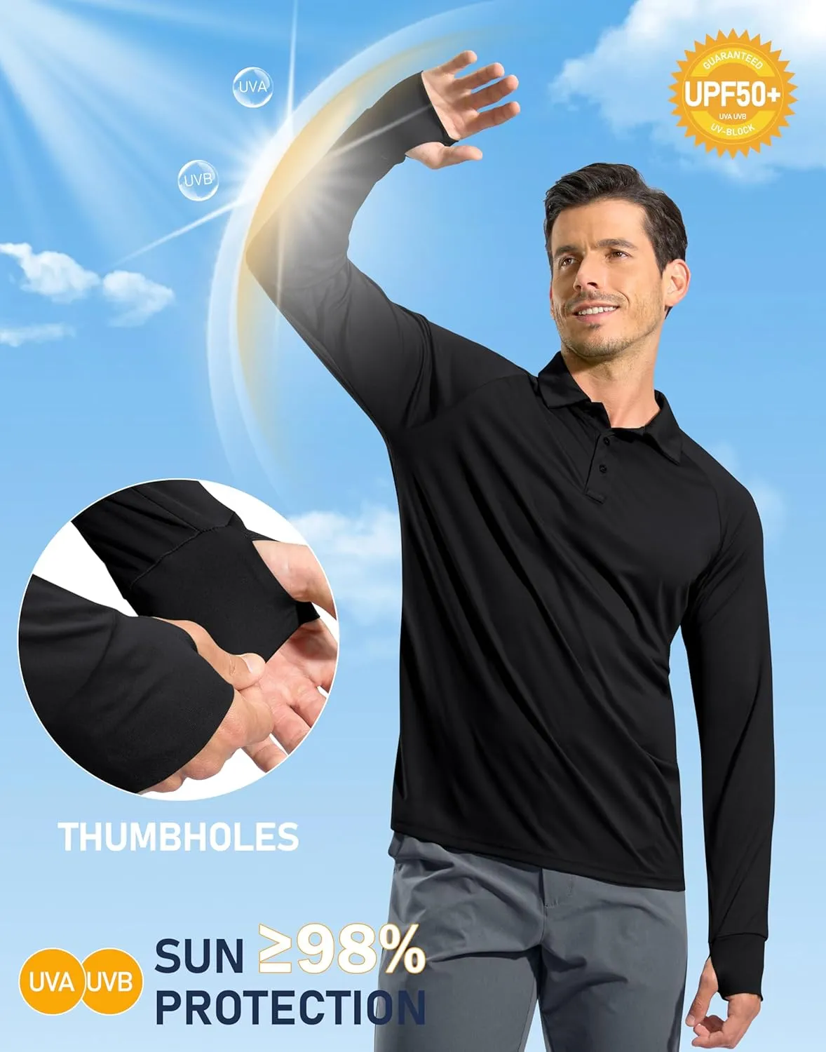 Pudolla Men's Long Sleeve Golf Polo Shirt UPF 50  Lightweight Sun Protection Cool SPF Hiking Shirts for Men
