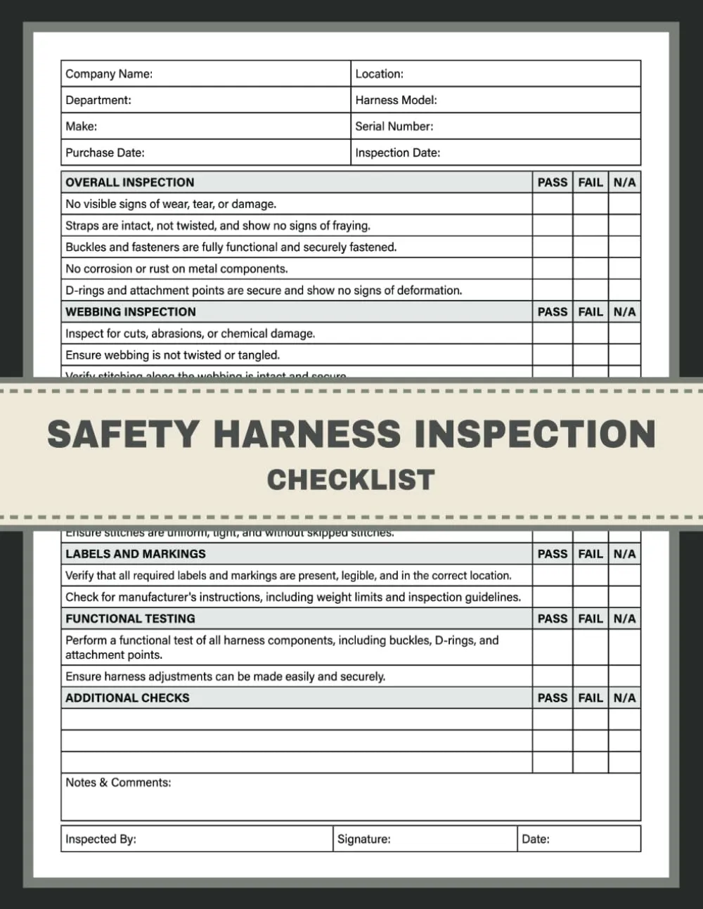Safety Harness Inspection Checklist: Fall Protection Full Body Harness Pre-use Inspection Report Book. Ensuring Safety and Compliance Paperback  March 18, 2024