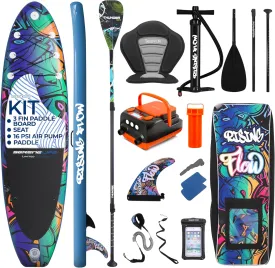 SereneLife Inflatable Stand Up Paddle Board Set - SUP with 32" Wide Stable Design, Includes Detachable Seat, 3-Shaft Paddle, Electric Paddle Board Pump, Non-Slip EVA Deck - 350 lbs Capacity