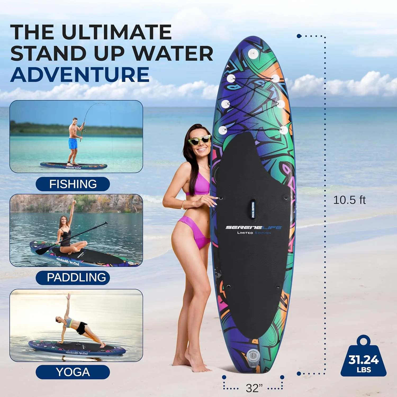 SereneLife Inflatable Stand Up Paddle Board Set - SUP with 32" Wide Stable Design, Includes Detachable Seat, 3-Shaft Paddle, Electric Paddle Board Pump, Non-Slip EVA Deck - 350 lbs Capacity