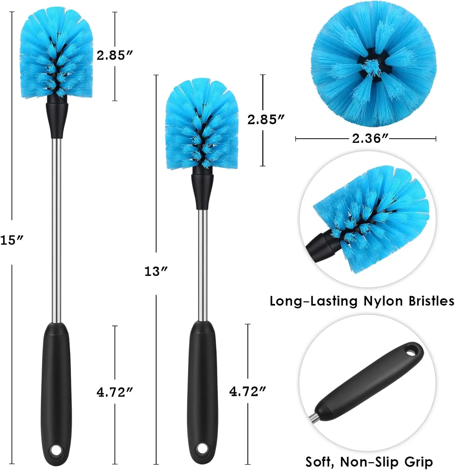 Stainless Steel Water Bottle Brush, Long Handle Scrubbing Brush, Built for Cleaning Sports Bottles, Baby Bottles, Cups, Coffee Mugs, Glasswares, Wine Decanters, Flask, 2 Pack, 15 in