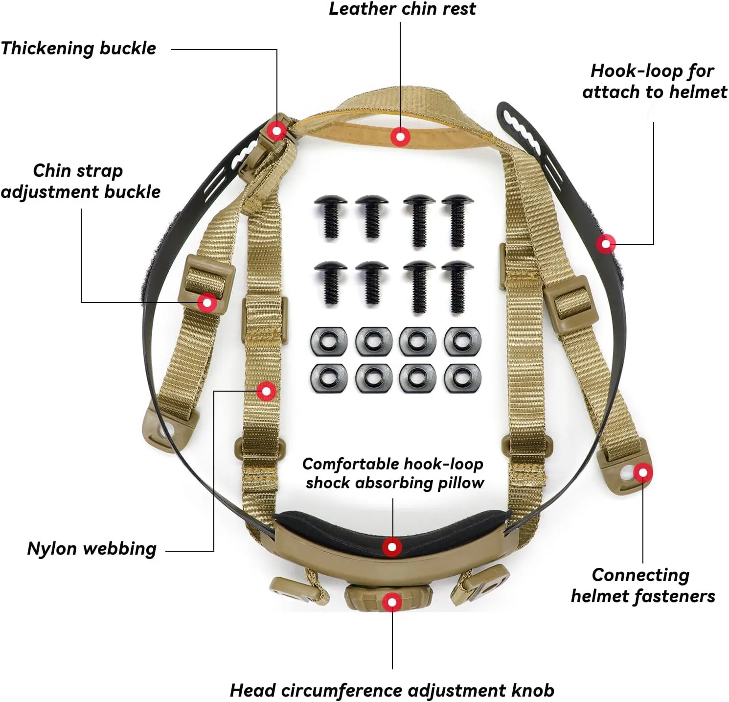 Tactical Helmet Chin Strap Adjustable Dial 4 Points Suspension System with Bolts and Screws for Tactical Fast MICH Bump Helmet Accessory