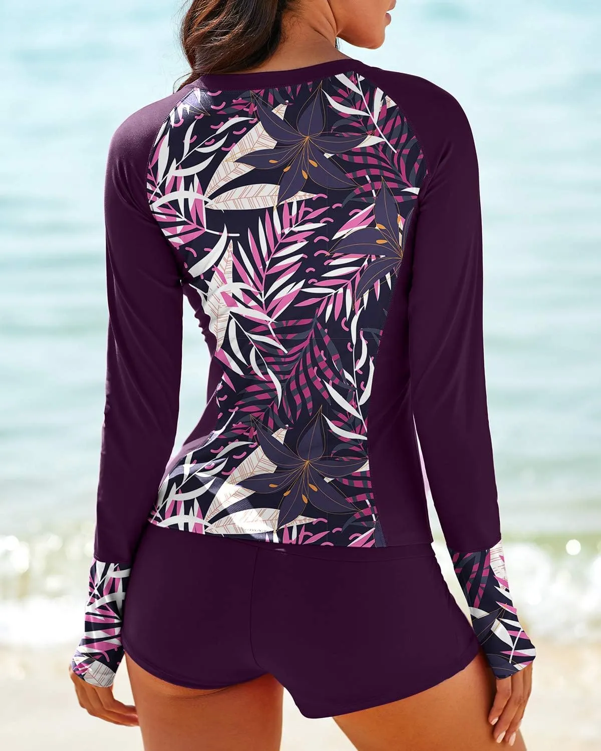 Women Two Piece Rash Guard Long Sleeve Half-Zipper UPF 50 Athletic Surfing Swimsuit