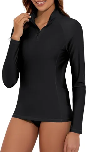 Women's Long Sleeve Swim Shirts UPF 50  Rash Guard 1/4 Zip Rashguard Workout Tops with Pockets