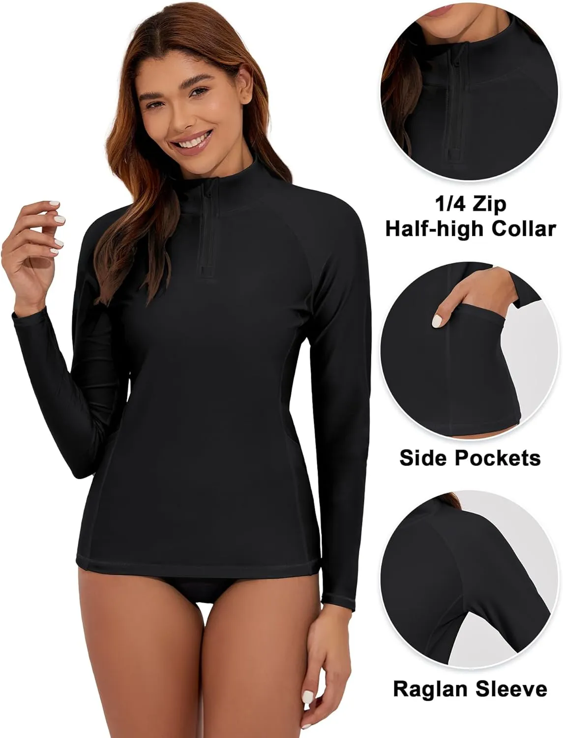 Women's Long Sleeve Swim Shirts UPF 50  Rash Guard 1/4 Zip Rashguard Workout Tops with Pockets