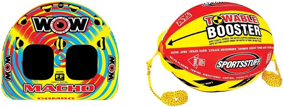 WOW World of Watersports Macho Multiple Riding Positions Tube 1 or 2 Person Inflatable Deck and Cockpit Towable Tube for Boating, 16-1010 & Sportsstuff Booster Ball, Towable Tube Rope Performance Ball