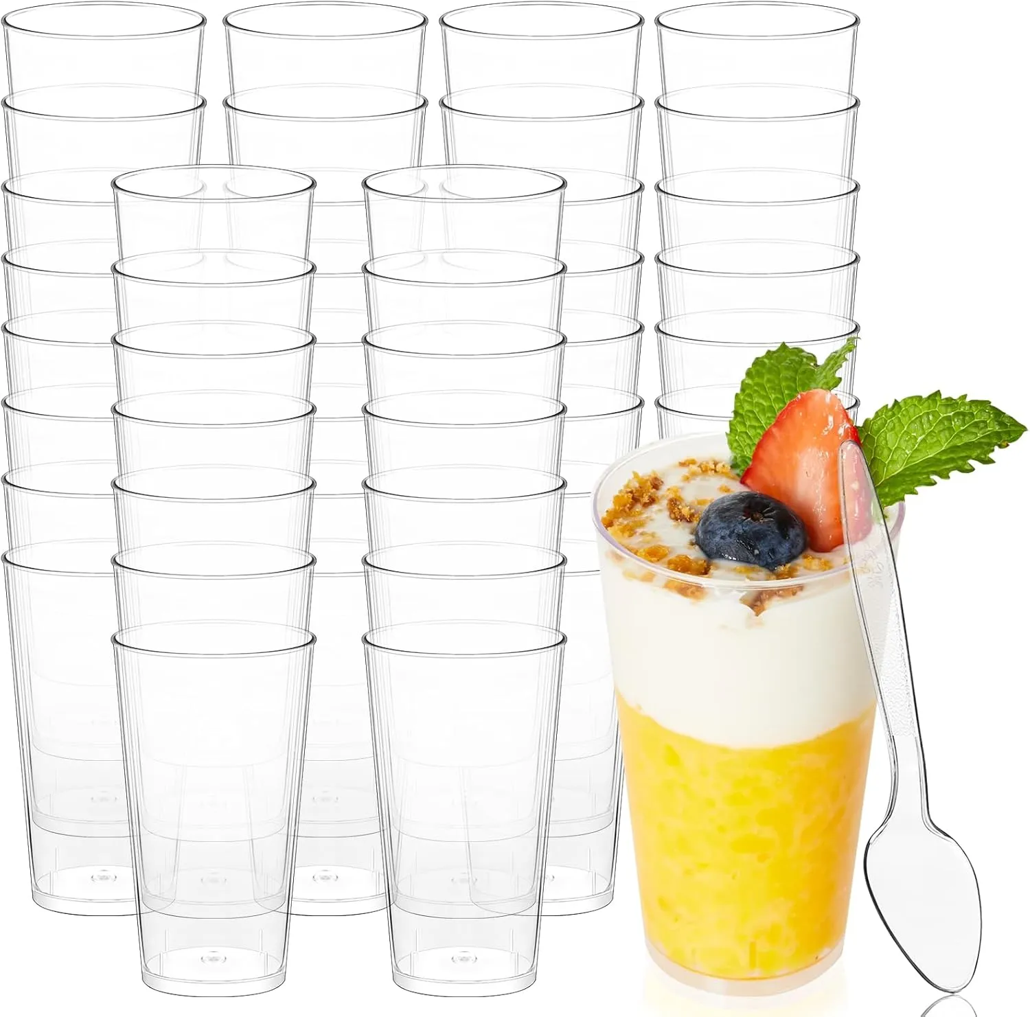 Zezzxu 100 Pack Mini Dessert Cups with Spoons, 3 oz Shooter Cups for Desserts, Small Plastic Shot Glasses for Serving Appetizers Cheesecake Puddings Mousse