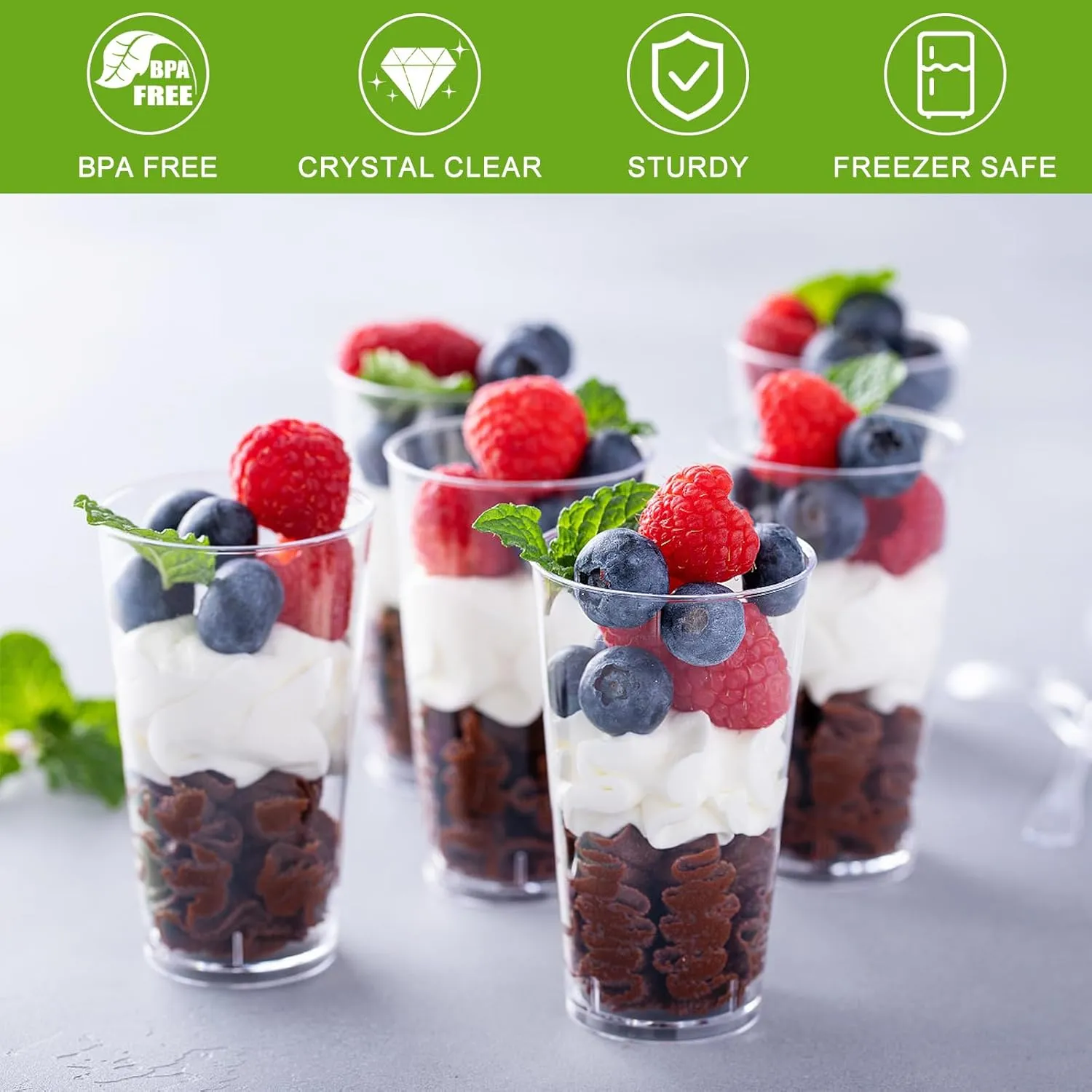 Zezzxu 100 Pack Mini Dessert Cups with Spoons, 3 oz Shooter Cups for Desserts, Small Plastic Shot Glasses for Serving Appetizers Cheesecake Puddings Mousse